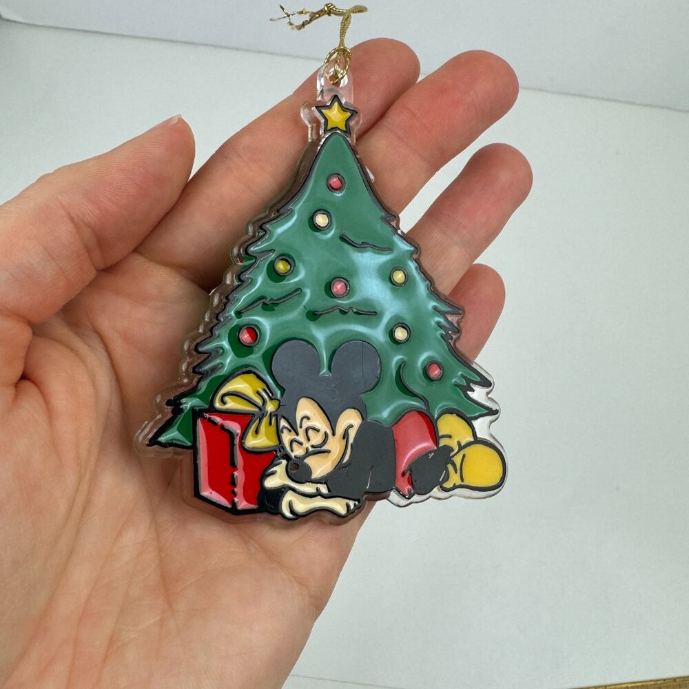 Vtg Mickey Mouse Sleeping Under Christmas Holiday Tree Ornament‎ Disney Plastic